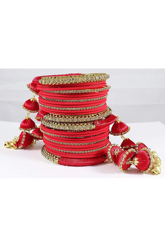 Red Color Handmade Silk Thread Designer Bangles With Latkan For Function