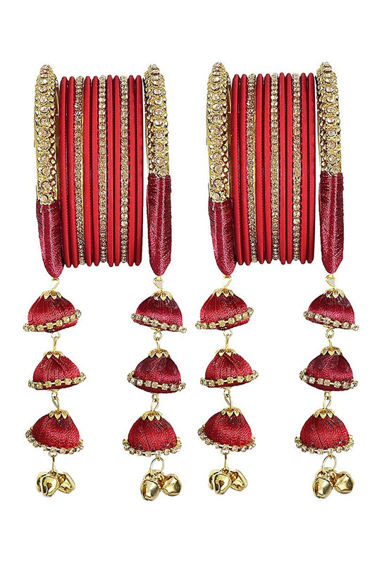 Maroon Handmade Silk Thread Designer Bangles With Latkan For Function