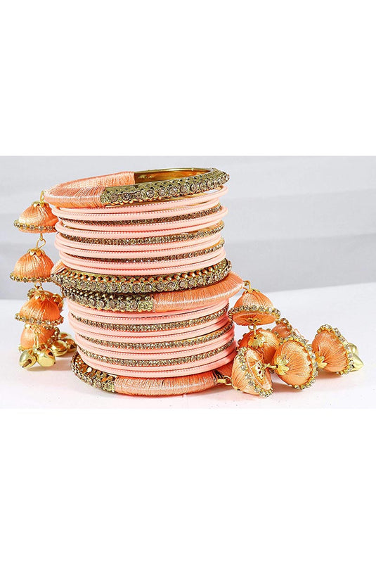 Designer Silk Thread Handmade Bangle Jewellery With Latkan In Peach