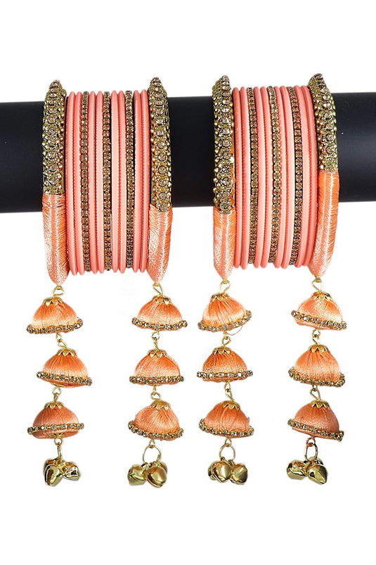 Designer Silk Thread Handmade Bangle Jewellery With Latkan In Peach