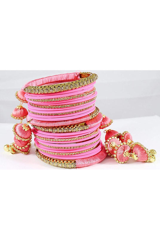 Fancy Handmade Silk Thread Pink Designer Bangles With Latkan