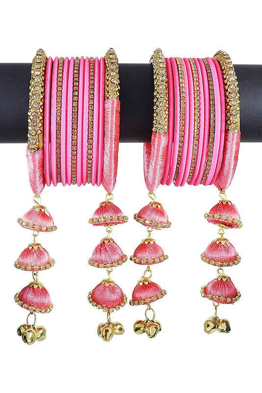 Fancy Handmade Silk Thread Pink Designer Bangles With Latkan