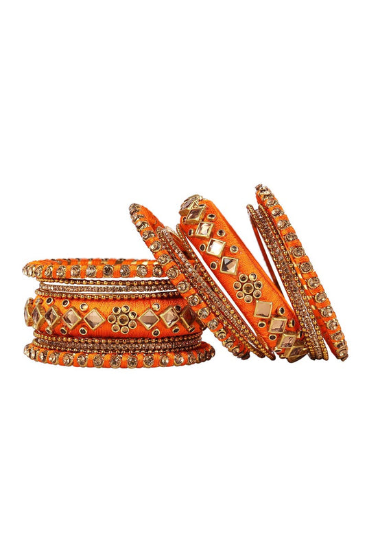 Designer Wedding Wear Silk Thread Handmade Bangles Set In Orange