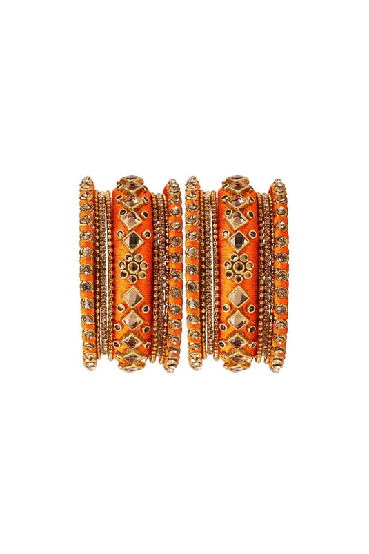 Designer Wedding Wear Silk Thread Handmade Bangles Set In Orange