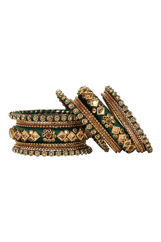 Designer Wedding Wear Silk Thread Handmade Bangles Set In Dark Green