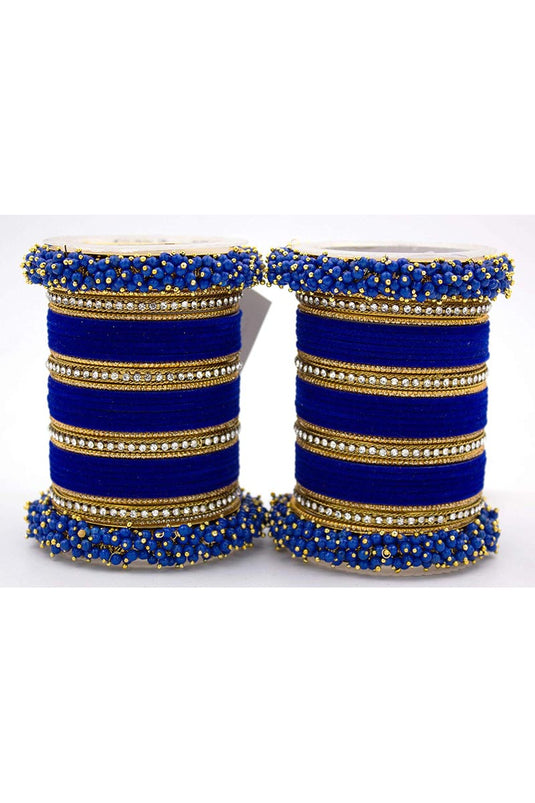 Blue Handmade Silk Thread And Pearl Beaded Designer Bangle Set For Function