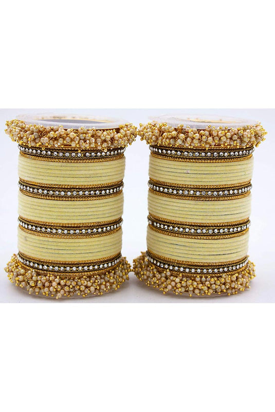 Fancy Handmade Silk Thread And Pearl Beaded Beige Designer Bangles Set