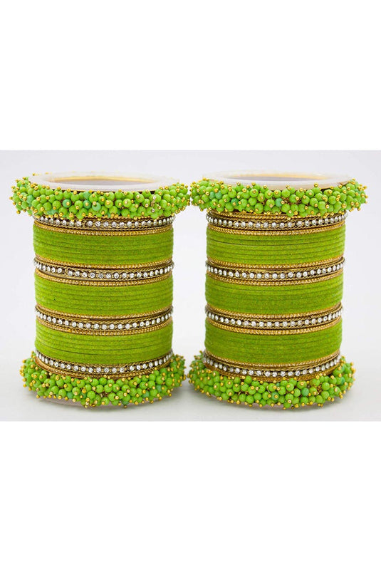 Fancy Handmade Silk Thread And Pearl Beaded Green Designer Bangles Set