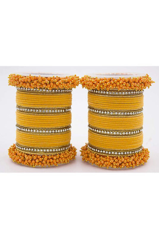 Mustard Handmade Silk Thread And Pearl Beaded Designer Bangle Set For Function