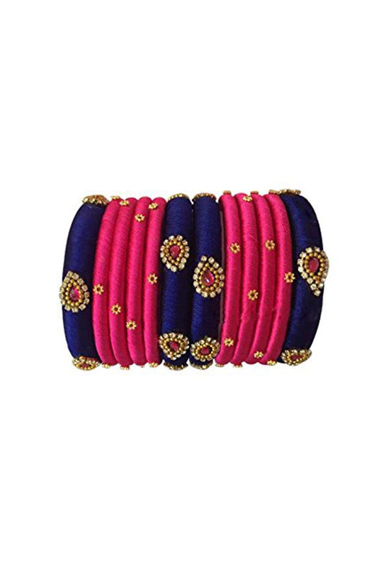 Silk Thread Customized Handmade Bangle Set In Navy Blue And Rani Color