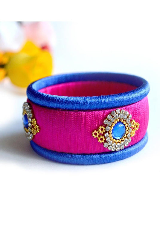 Blue And Rani Color Silk Thread Handmade Customized Bangle Set