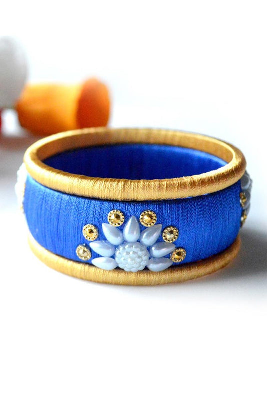 Silk Thread Handmade Customized Beige And Blue Bangle Set