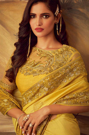 Yellow Party Wear Art Silk Embroidered Border Work Saree With Fancy Blouse