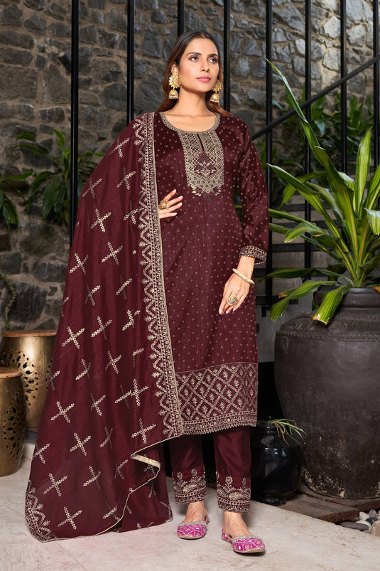 Brown Color Function Wear Embroidered Designer Long Straight Cut Suit In Fancy Fabric